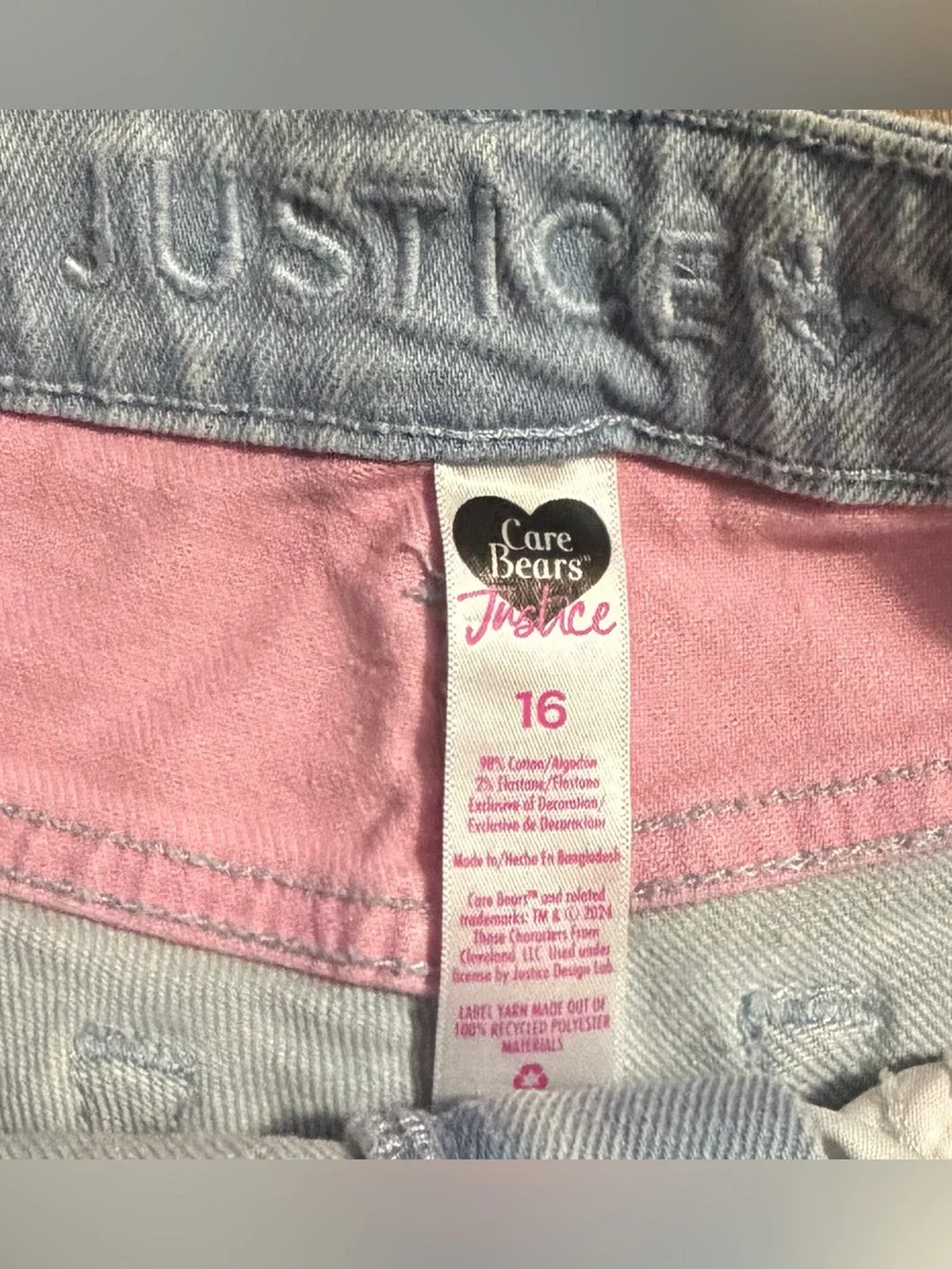 Justice -  Light Wash Jeans with Pink Care Bears Appliqué - Size 16